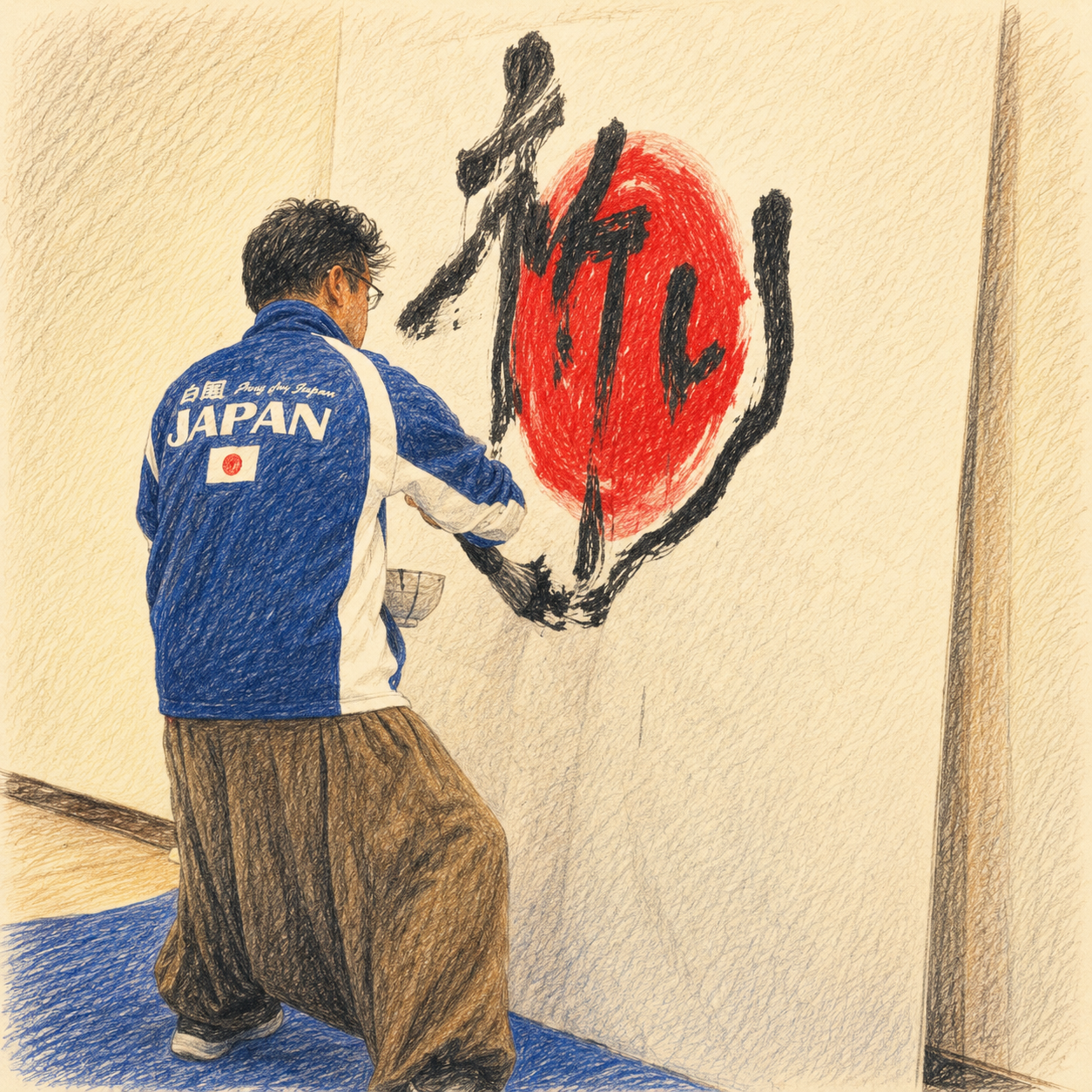 大きな筆で作品を書く姿