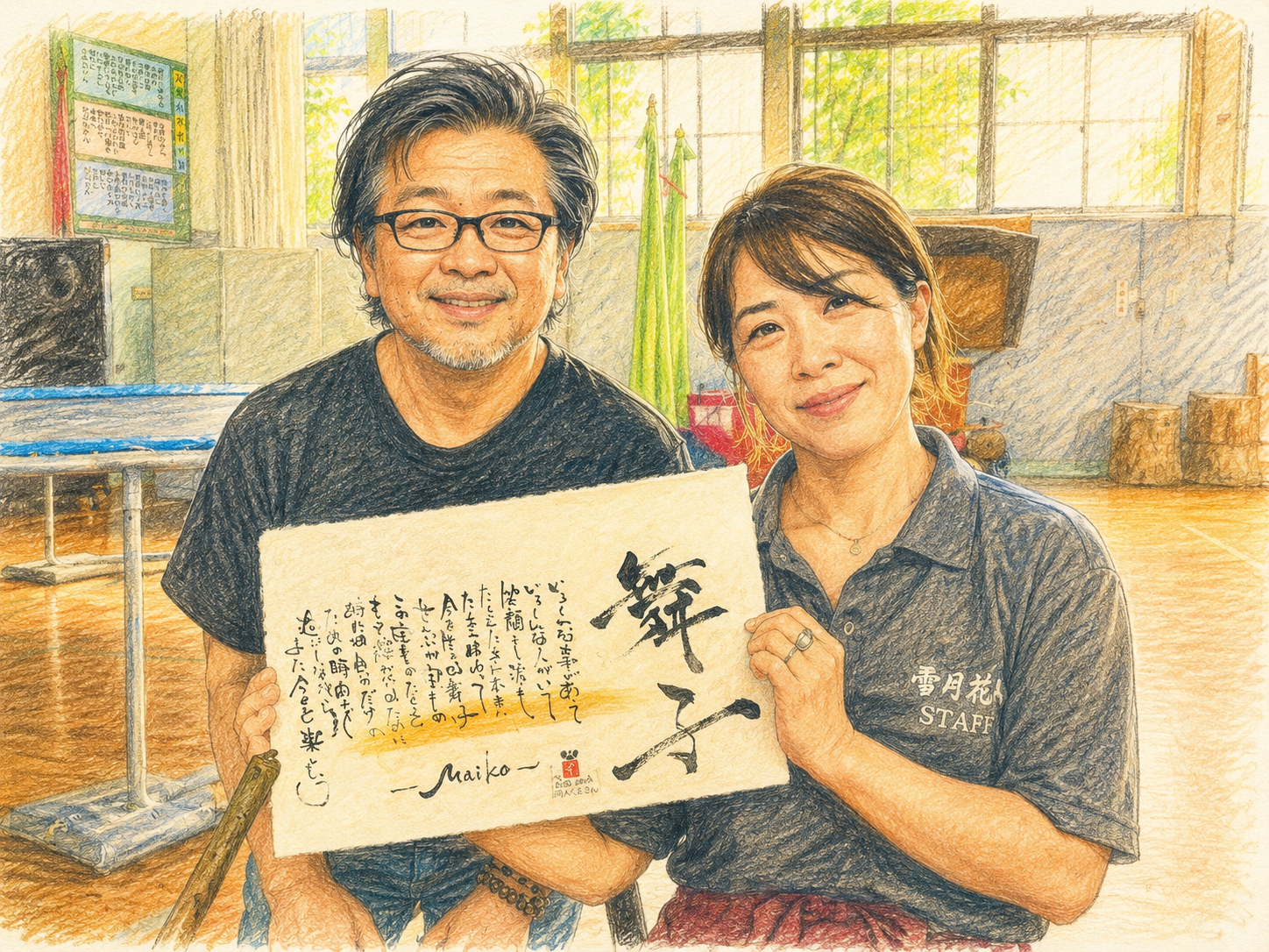 届けた作品をお客さまと一緒に持つ姿