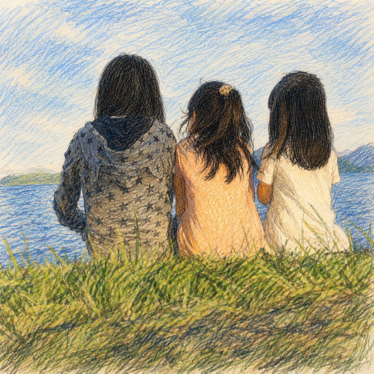 三人の子どもが湖を見つめる後ろ姿