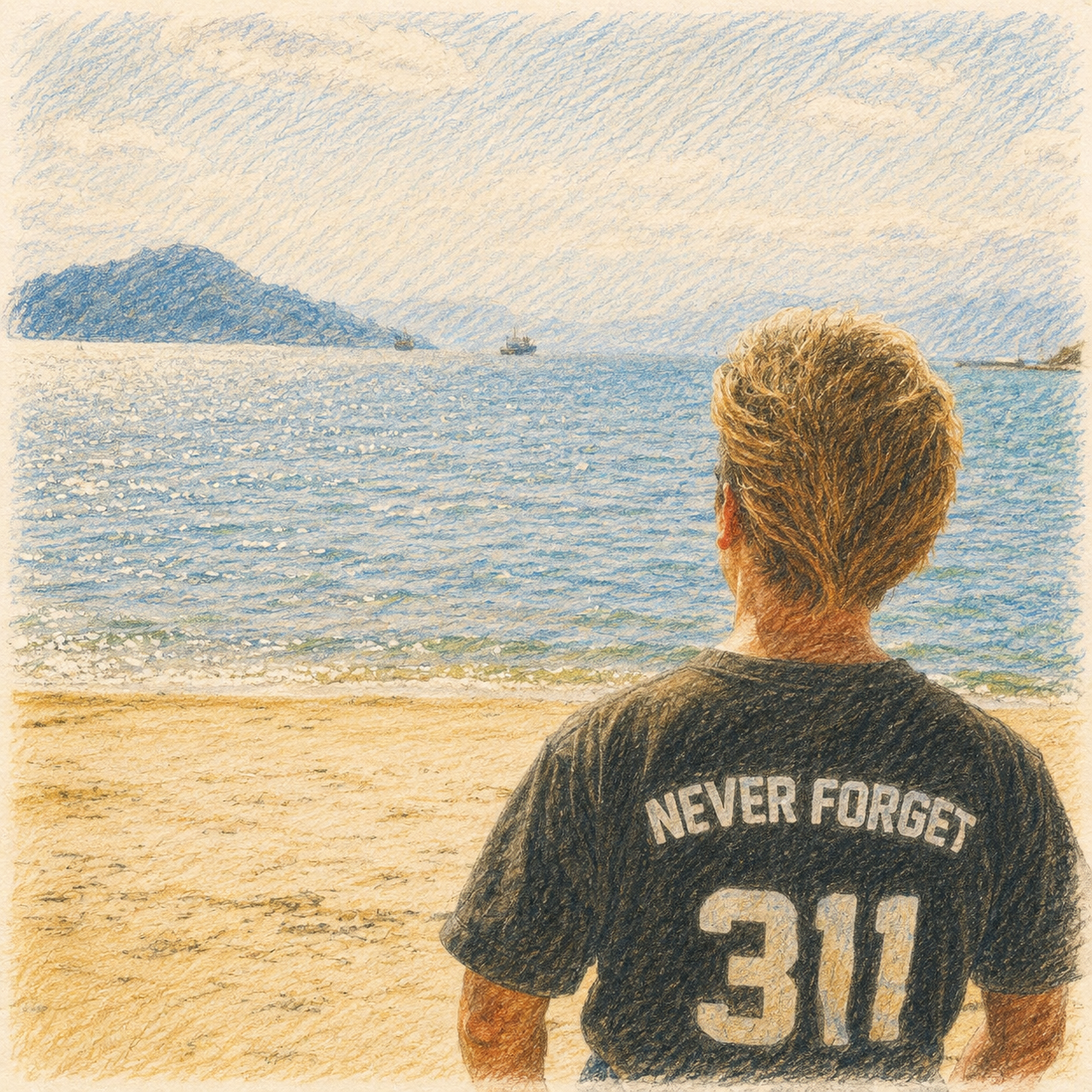 海を前にNEVER FORGET 311と記された服を着る後ろ姿